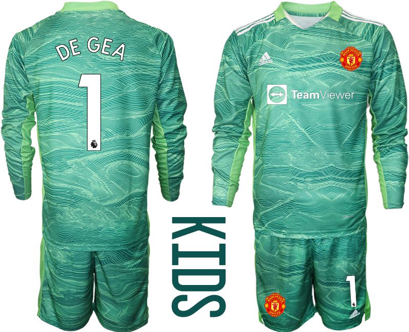Youth 2021-2022 Club Manchester United green long sleeve goalkeeper #1 Soccer Jersey